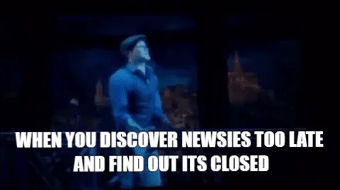 The image shows a man in a blue shirt and cap, likely from the musical 'Newsies,' in three panels. In the top row, he is…