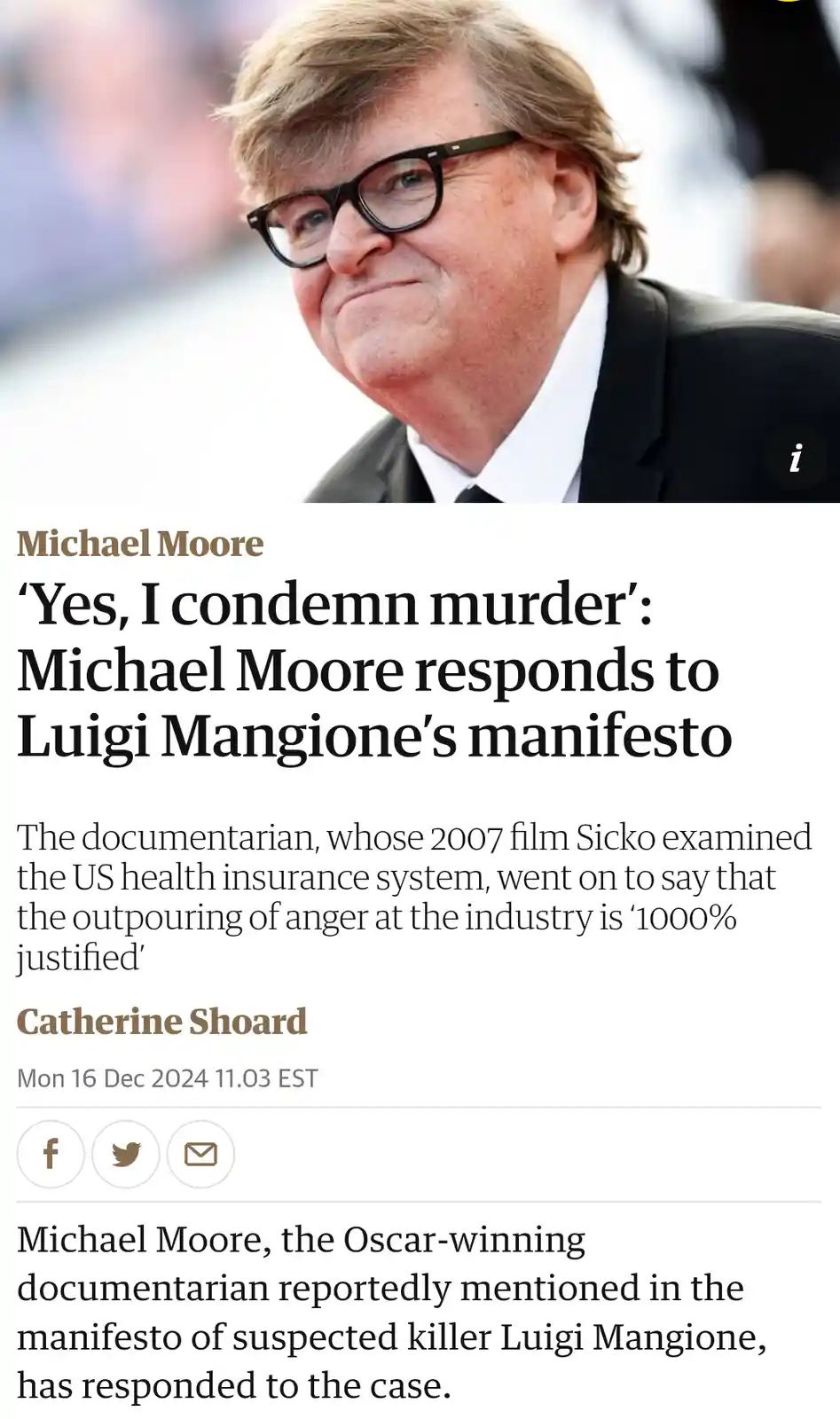 A screenshot of a news article featuring a photo of Michael Moore wearing glasses and a suit, with the headline 'Yes, I…
