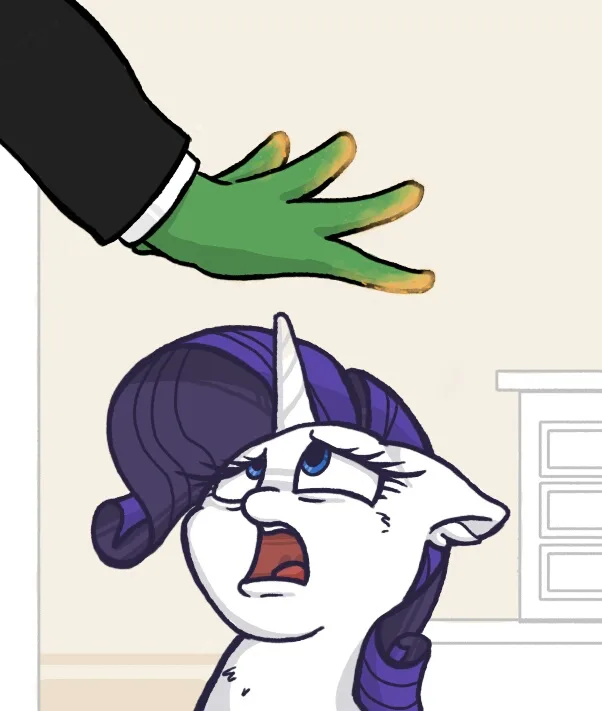 A cartoon cat with purple hair and a unicorn horn looks terrified as a green-gloved hand looms over its head. The cat is…