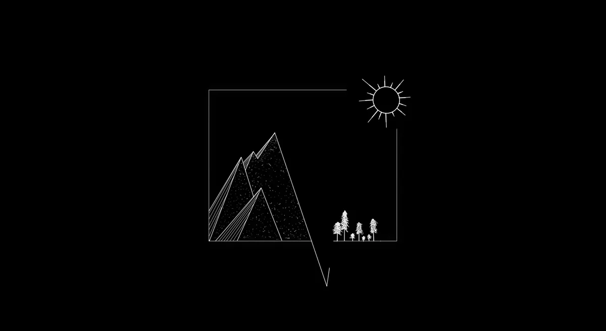 A minimalist black-and-white line drawing shows a stylized mountain range inside a rectangular frame, with a small cluster…