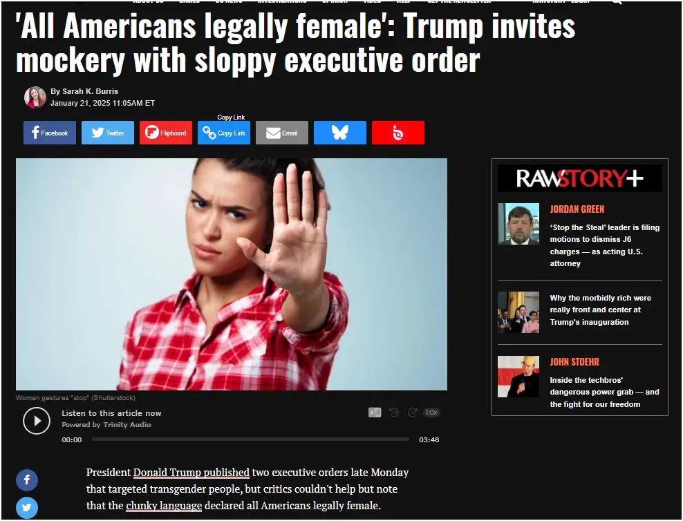 A screenshot of a news article from RawStory+ with a headline about Trump's executive order. The main image shows a woman in…