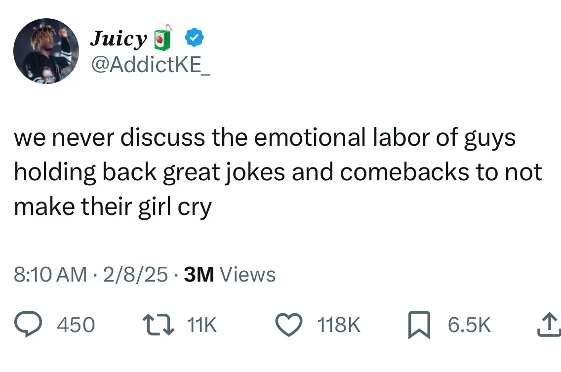A screenshot of a tweet from user Juicy (@AddictKE_) with a profile picture of a man. The tweet text reads: 'we never…