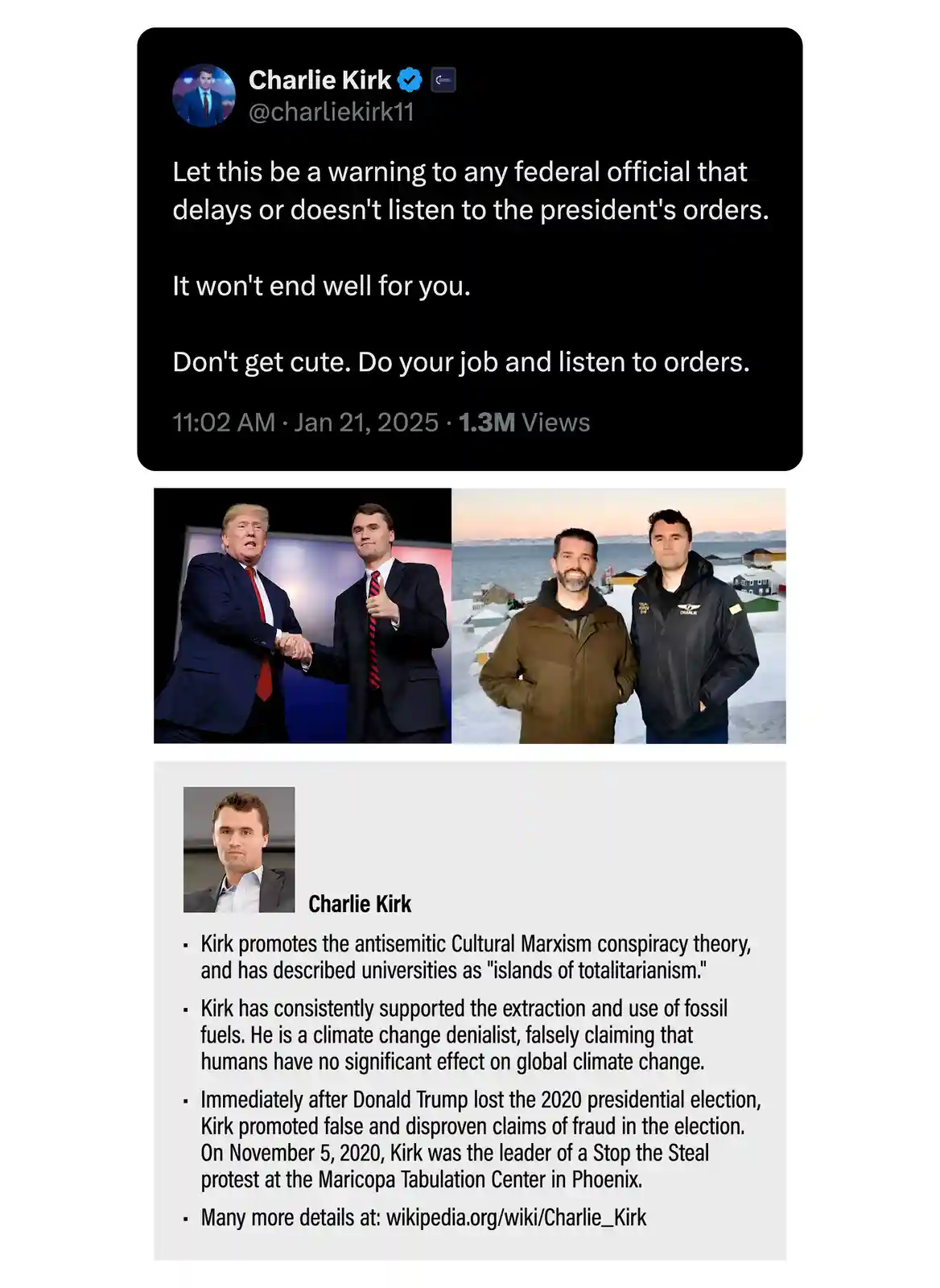 A screenshot of a tweet from verified Twitter account Charlie Kirk (@charliekirk11) dated Jan 21, 2025, which reads: 'Let…