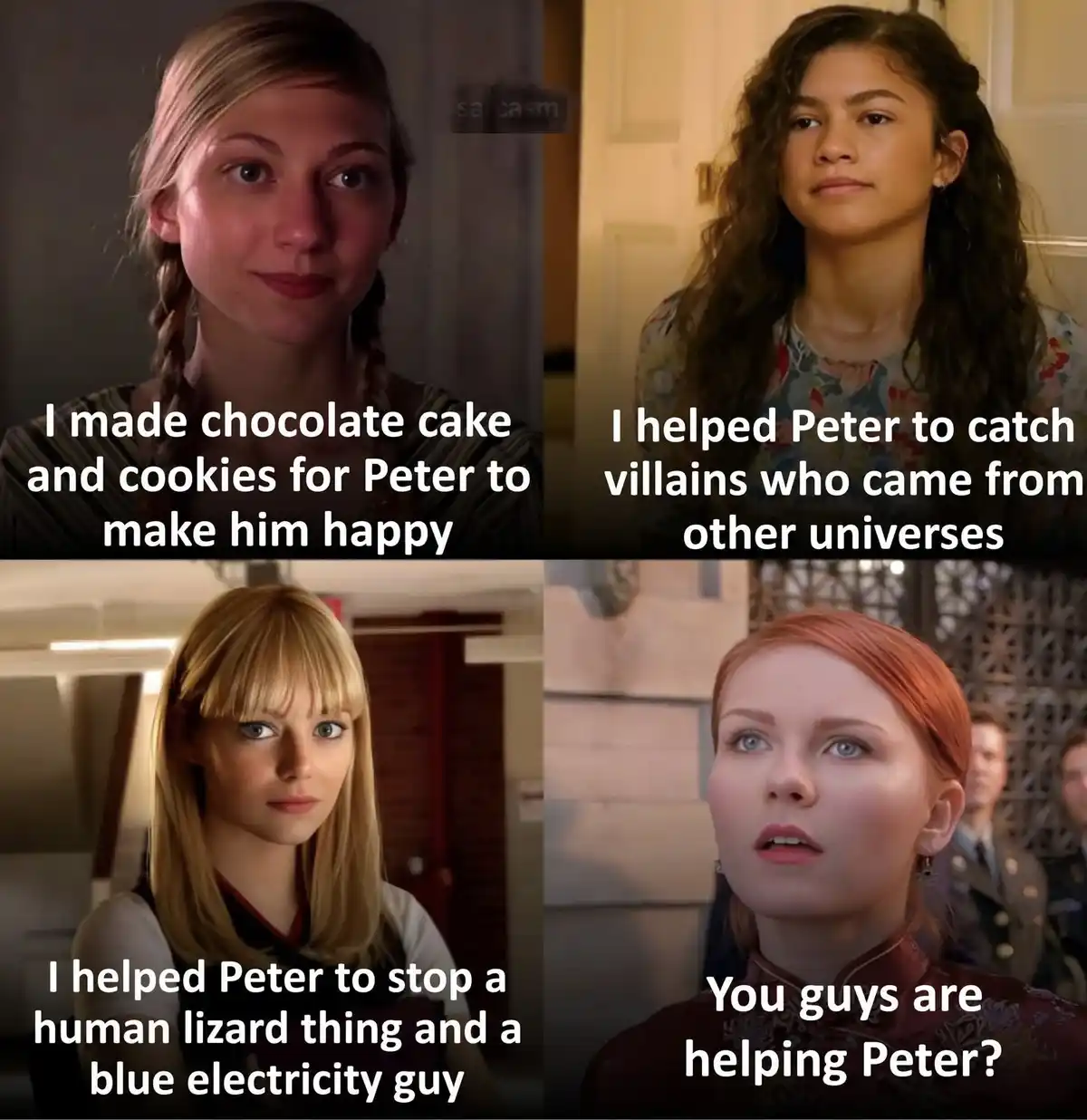 A four-panel meme featuring four different women with overlaid text. The top-left woman says she made chocolate cake and…