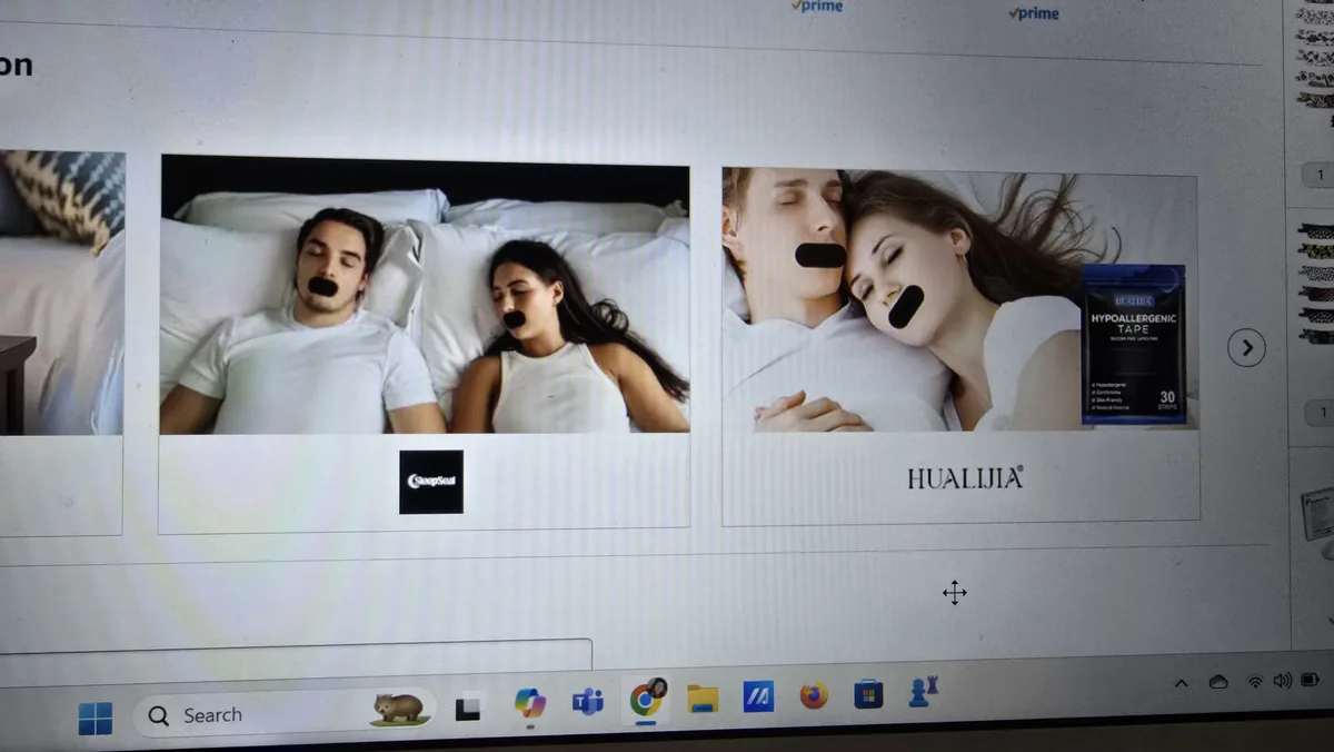 Two side-by-side product images show couples sleeping in bed with black tape over their mouths. The left image has a…
