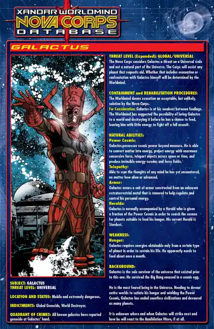 This image displays a fictional 'Xandar Worldmind Nova Corps Database' entry for the character Galactus. It features a…