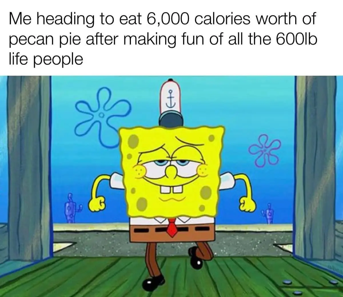 The image shows the cartoon character SpongeBob SquarePants running forward with a smug, self-satisfied expression, wearing…