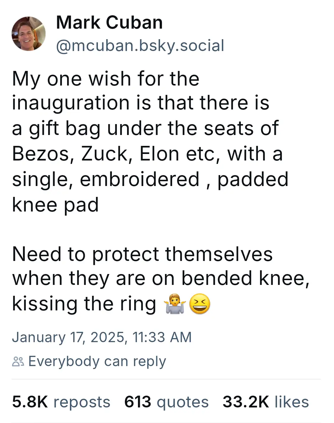 A screenshot of a social media post by Mark Cuban, who humorously wishes for gift bags under the seats of billionaires like…