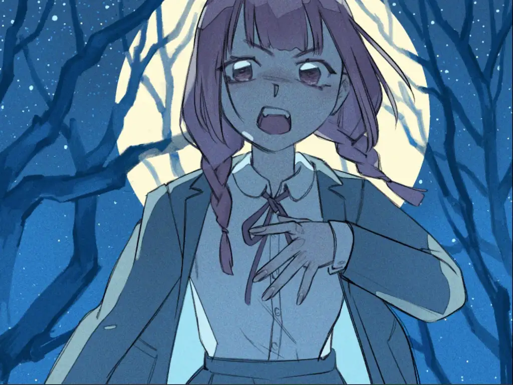 An anime girl with purple hair and braids, wearing a school uniform with a blazer, stands in a dark forest at night with a…