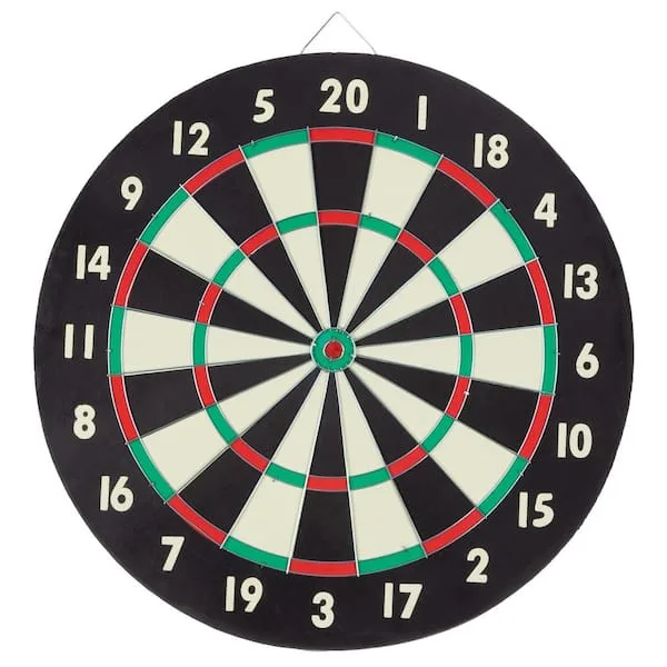 A standard dartboard with black and white segments, red and green outer rings, and numbers 1 through 20 around the…