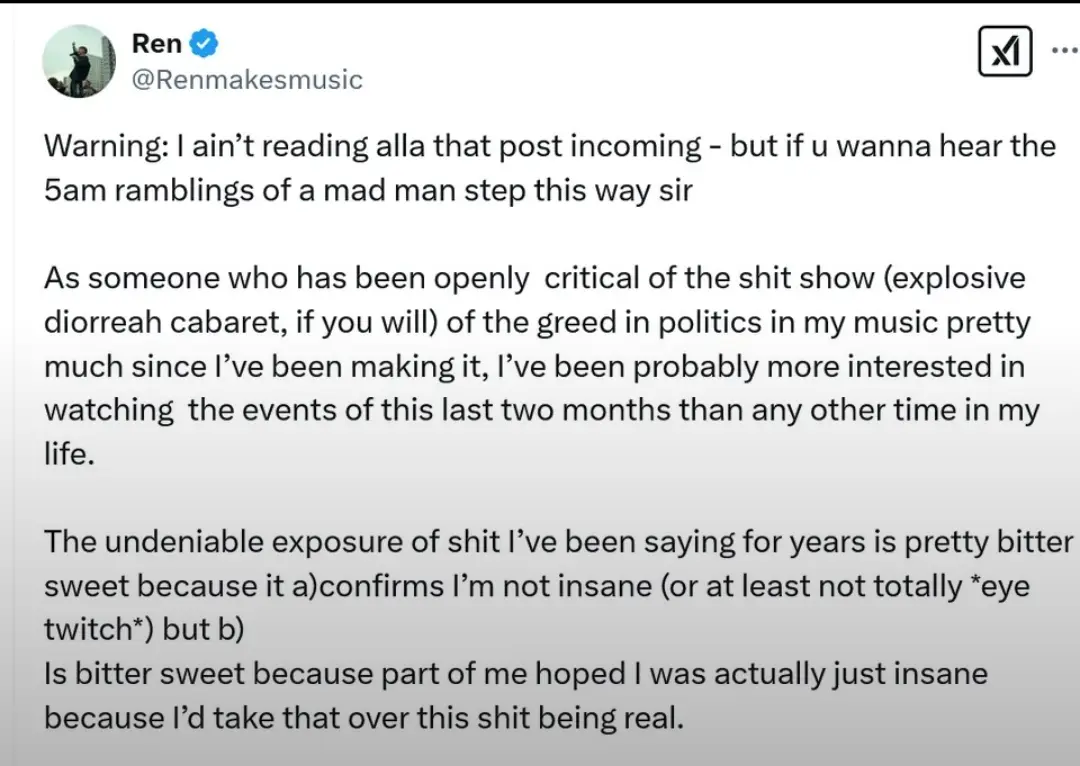A screenshot of a tweet from Ren (@Renmakesmusic) with a warning header. The tweet reads: 'Warning: I ain't reading alla…