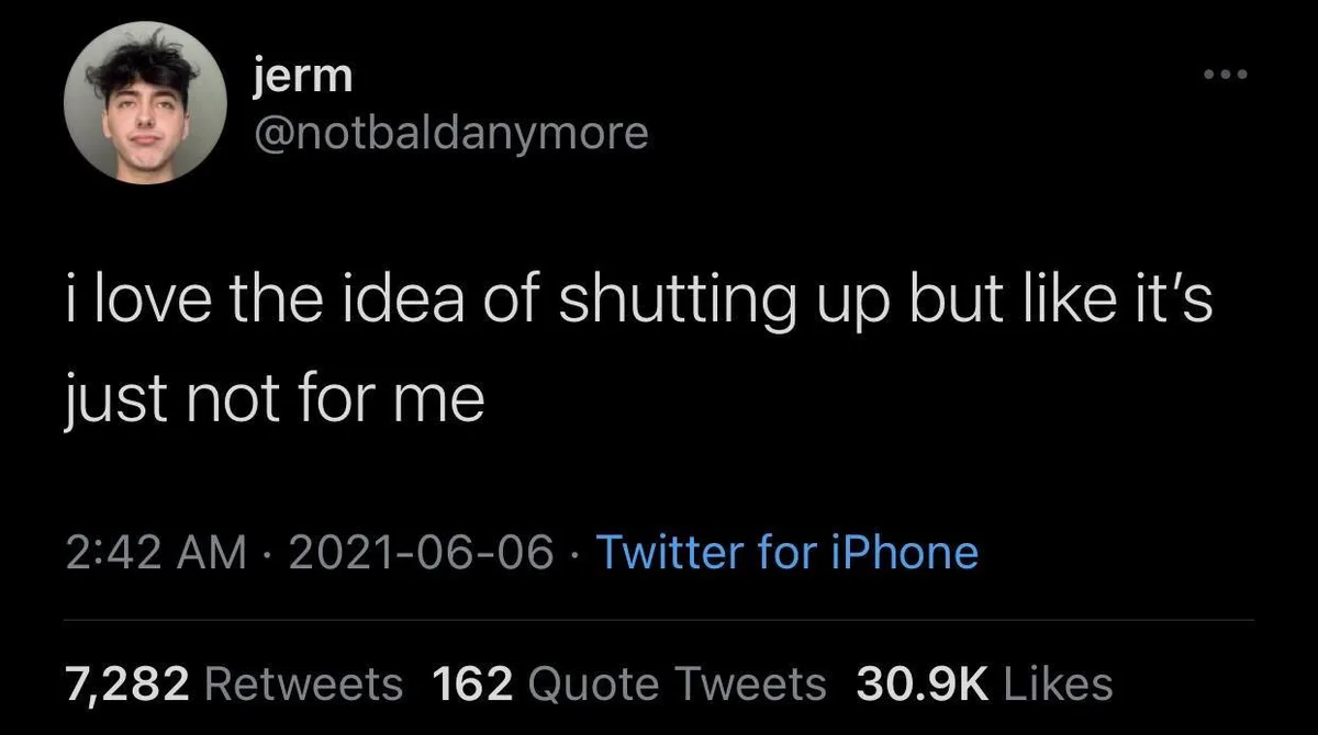 A screenshot of a Twitter post by user 'jerm' (@notbaldanymore) from June 6, 2021, at 2:42 AM, showing the text 'i love the…