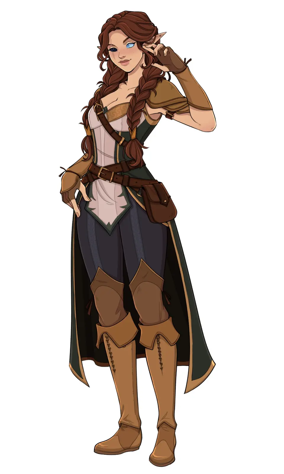 An illustrated elf woman with long brown braided hair and pointed ears, wearing fantasy adventurer gear including a corset…