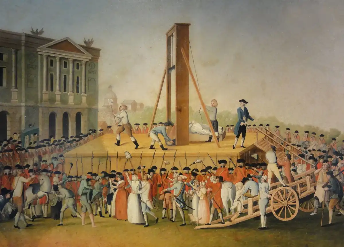 A historical painting depicts a public guillotine execution with a crowd of onlookers, soldiers, and a man in a blue coat…