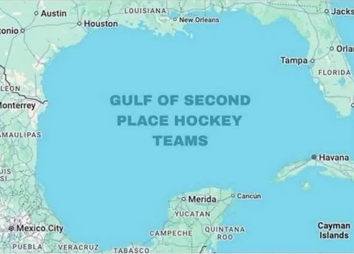 A map of the Gulf of Mexico with the overlaid text 'GULF OF SECOND PLACE HOCKEY TEAMS'. The map shows surrounding states and…
