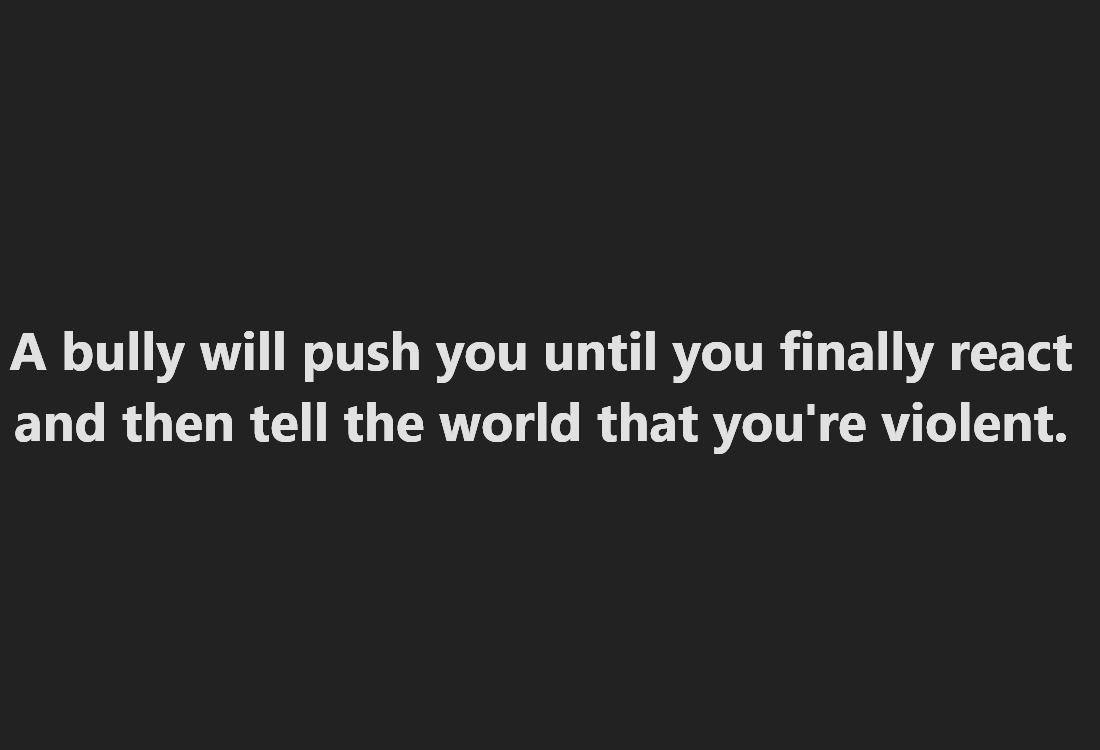 The image is a solid dark gray background with white text centered that reads: 'A bully will push you until you finally…