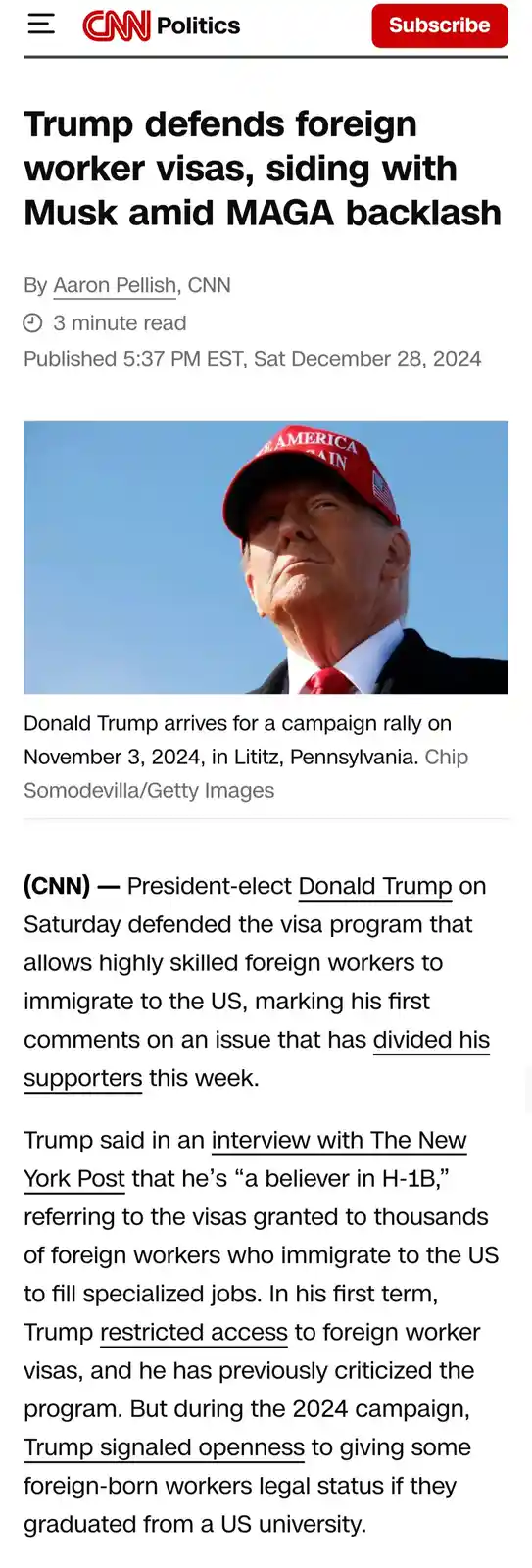 A screenshot of a CNN Politics article shows a photo of Donald Trump wearing a red 'Make America Great Again' cap against a…