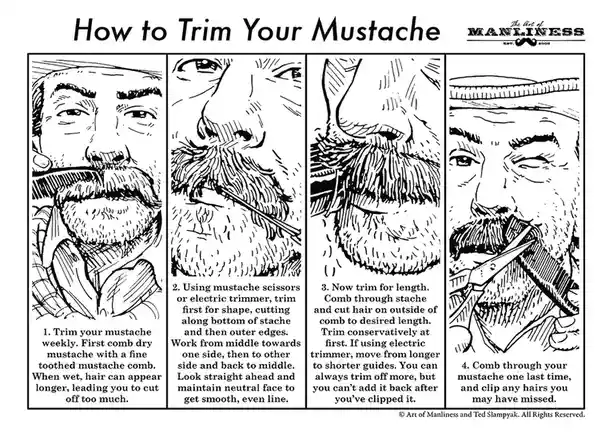 A black-and-white illustrated guide titled 'How to Trim Your Mustache' by 'The Art of MANLINESS' shows four steps: combing…