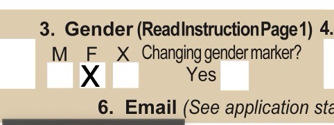 A close-up of a form section with '3. Gender (ReadInstructionPage1)' showing checkboxes for M, F, X, with X marked. Next to…