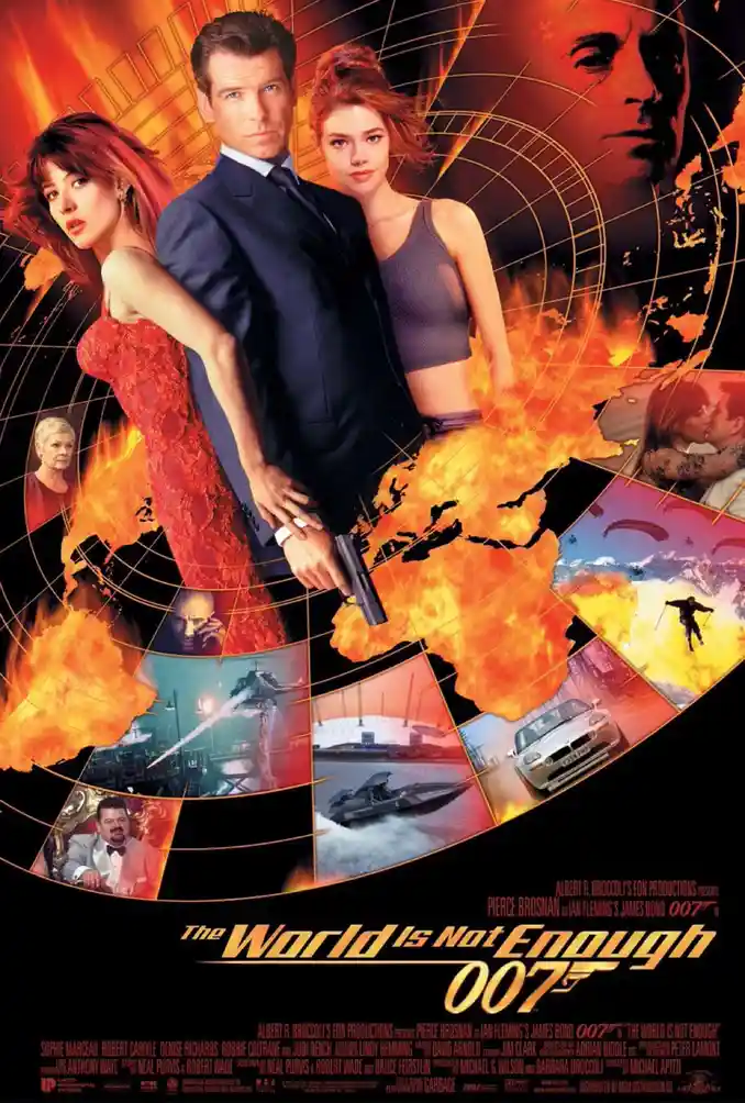 A movie poster for 'The World Is Not Enough' featuring Pierce Brosnan as James Bond, flanked by two women, with a fiery…