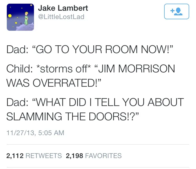 A screenshot of a tweet by Jake Lambert (@LittleLostLad) showing a humorous exchange where a child storms off after being…