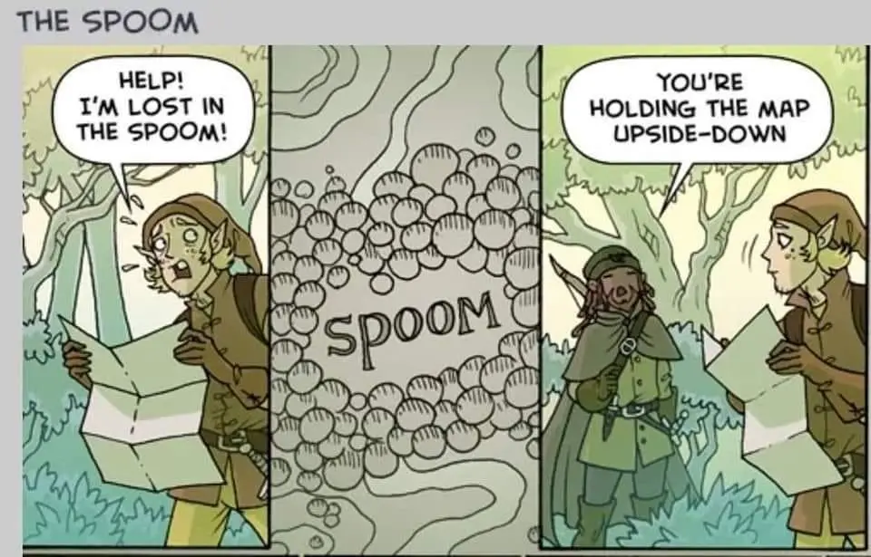 A two-panel comic strip titled 'THE SPOOM' shows a panicked elf holding a map and shouting 'HELP! I'M LOST IN THE SPOOM!'…