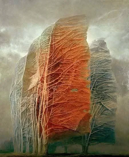 A surreal, painterly image shows three towering, leafless tree-like structures against a gloomy sky. The central tree is…