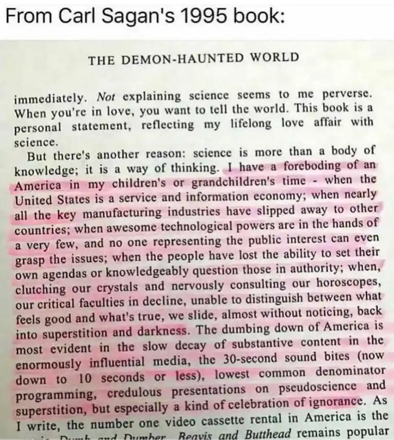 A screenshot of a page from Carl Sagan's 1995 book 'The Demon-Haunted World' shows a paragraph with a section highlighted in…