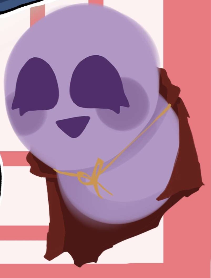A purple, round cartoon character with large dark eyes and a small triangular nose, wearing a brown cape and a gold bow tie…