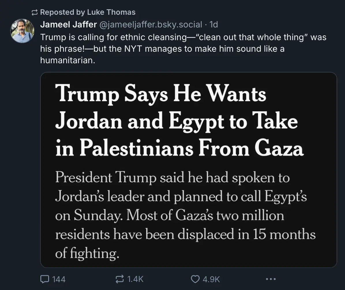 A screenshot of a social media post showing a news article headline that reads 'Trump Says He Wants Jordan and Egypt to Take…