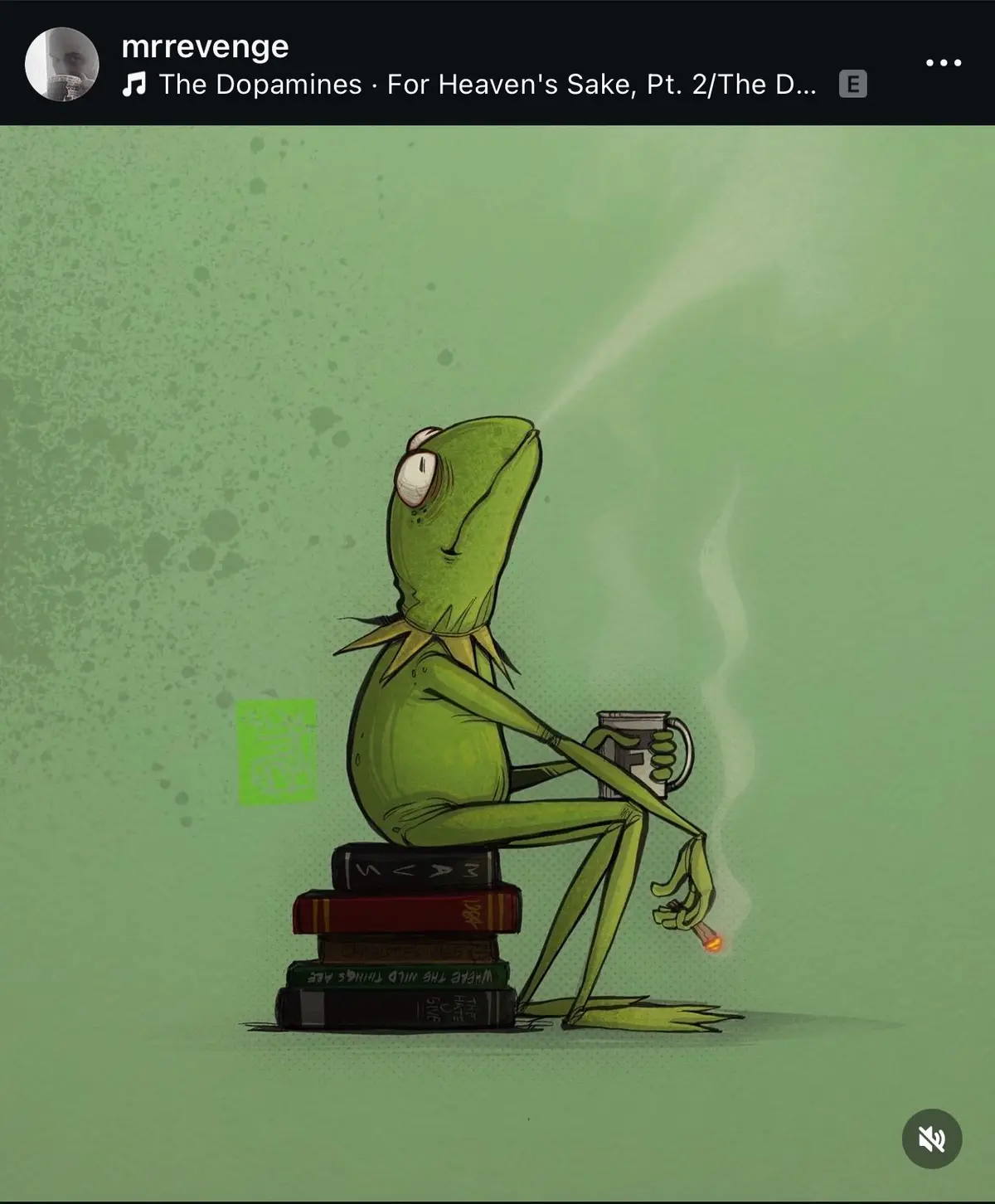 A cartoon illustration shows Kermit the Frog sitting atop a stack of books, holding a mug in one hand and smoking a…