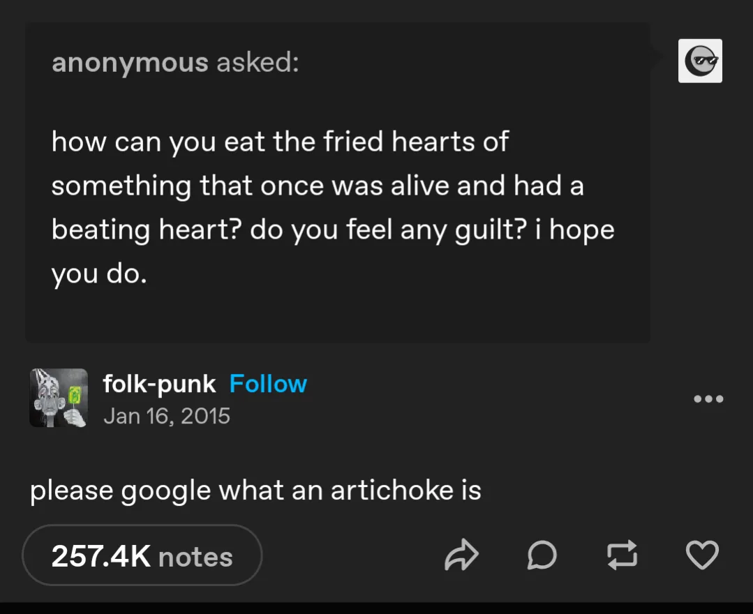 A Tumblr post shows an anonymous user asking how someone can eat fried hearts of something that was once alive and had a…