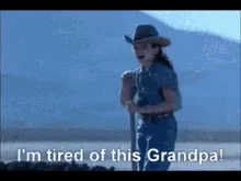 The image displays six frames from a scene: three showing a young woman in a cowboy hat and blue outfit standing in a…