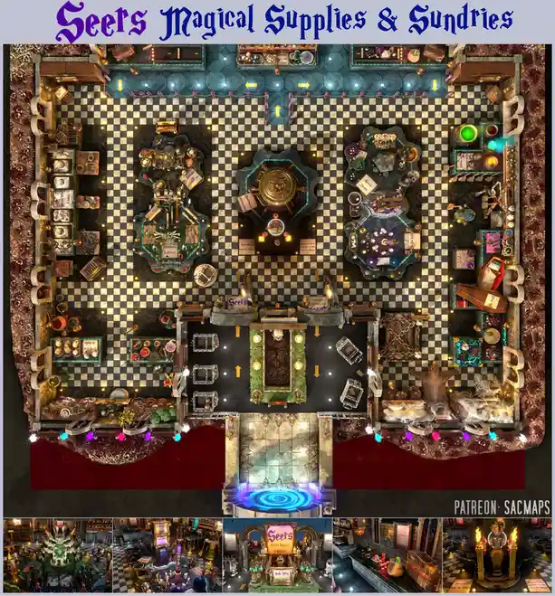 An overhead view of a fantastical, dark-themed magic shop named 'Seers Magical Supplies & Sundries,' featuring a checkered…