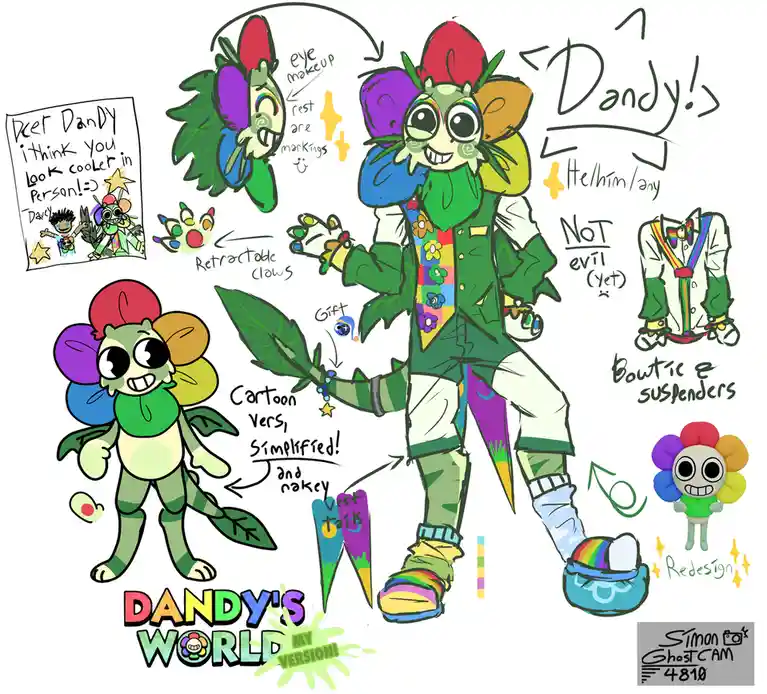 A character design sheet for 'Dandy' from 'Dandy's World', showing multiple versions: a detailed anthropomorphic flower…