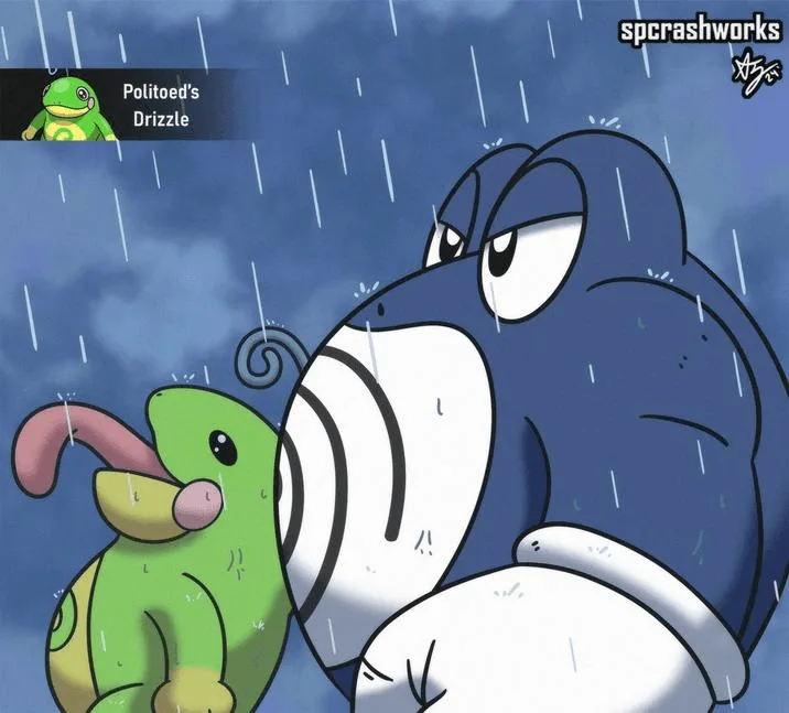 A cartoon image shows a small green Pokémon, Politoed, standing in the rain next to a large, sad-looking blue Pokémon…