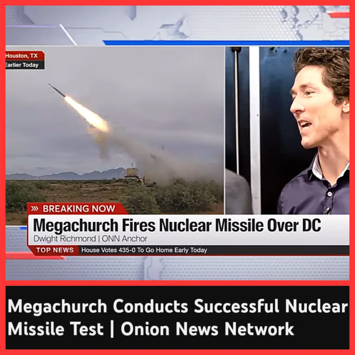A news broadcast image shows a missile launching over a desert landscape, with a smiling male news anchor on the right. The…