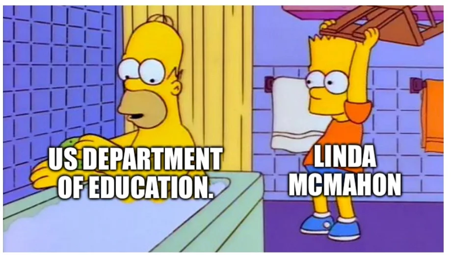 The image shows Homer Simpson sitting in a bathtub looking surprised, labeled 'US DEPARTMENT OF EDUCATION.' Beside him, Bart…