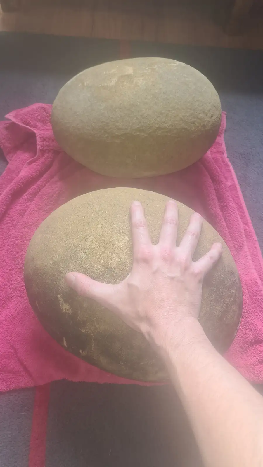 A person's hand is placed flat on a large, smooth, oval-shaped rock, visually demonstrating that the hand is significantly…