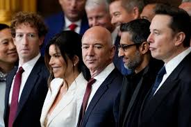 A group of prominent tech executives, including Elon Musk, are standing side-by-side in formal business attire at what…