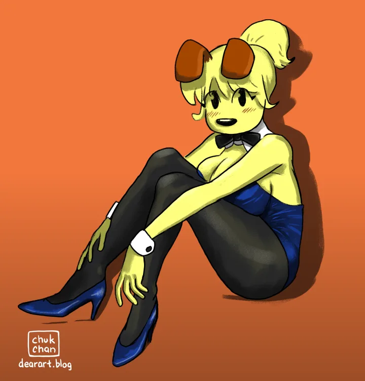 A yellow-skinned anime-style female character with brown horns and blonde hair in a ponytail sits cross-legged against an…