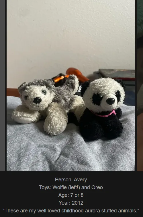 Two well-loved stuffed animals, a grey and white husky named Wolfie (left) and a black and white panda named Oreo, sit…