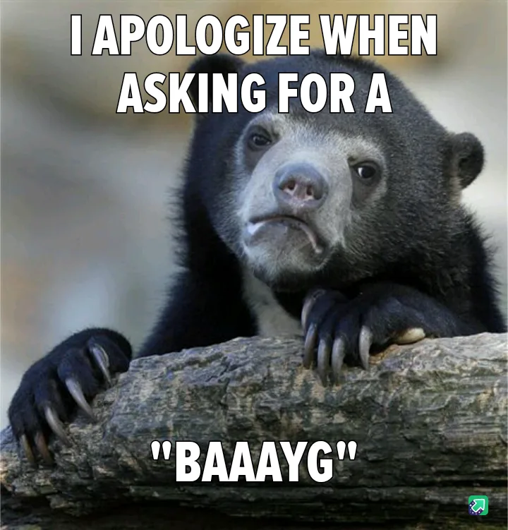 A close-up photo of a sad-looking spectacled bear resting its paws on a log, with white bold text overlaid at the top…