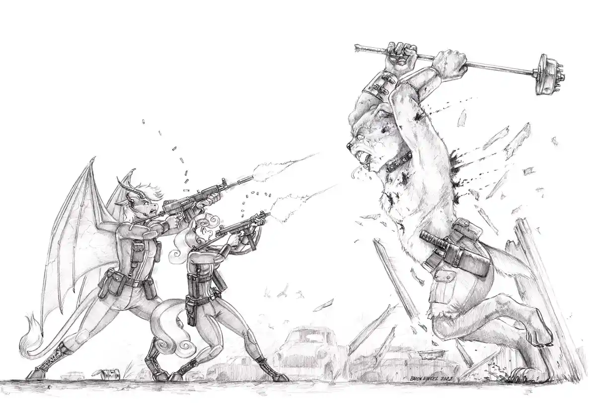 A black-and-white pencil drawing shows two anthropomorphic characters, one with dragon wings and horns and another with a…