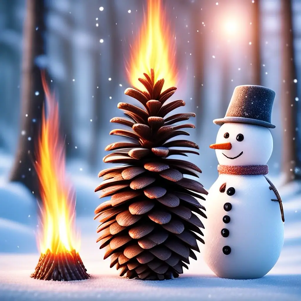 A whimsical winter scene shows a smiling snowman wearing a top hat and scarf standing beside a large pinecone that is on…