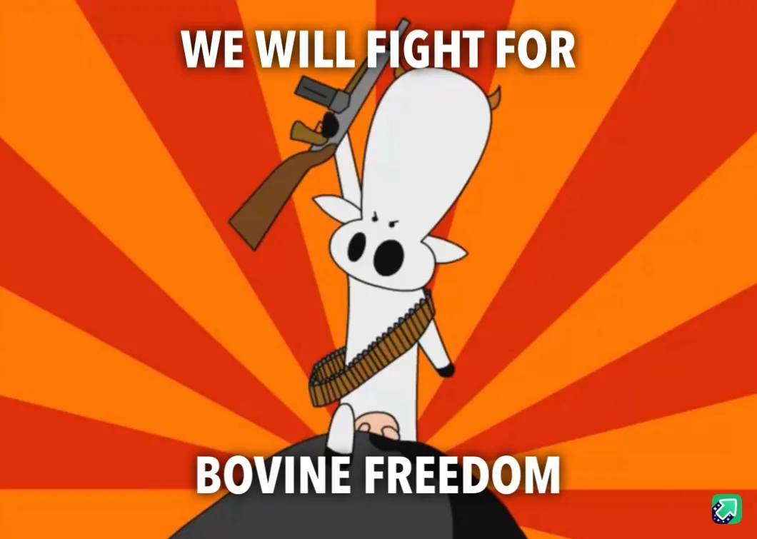A cartoon white cow with small horns stands atop a black rock, holding a rifle aloft with a determined expression, wearing a…