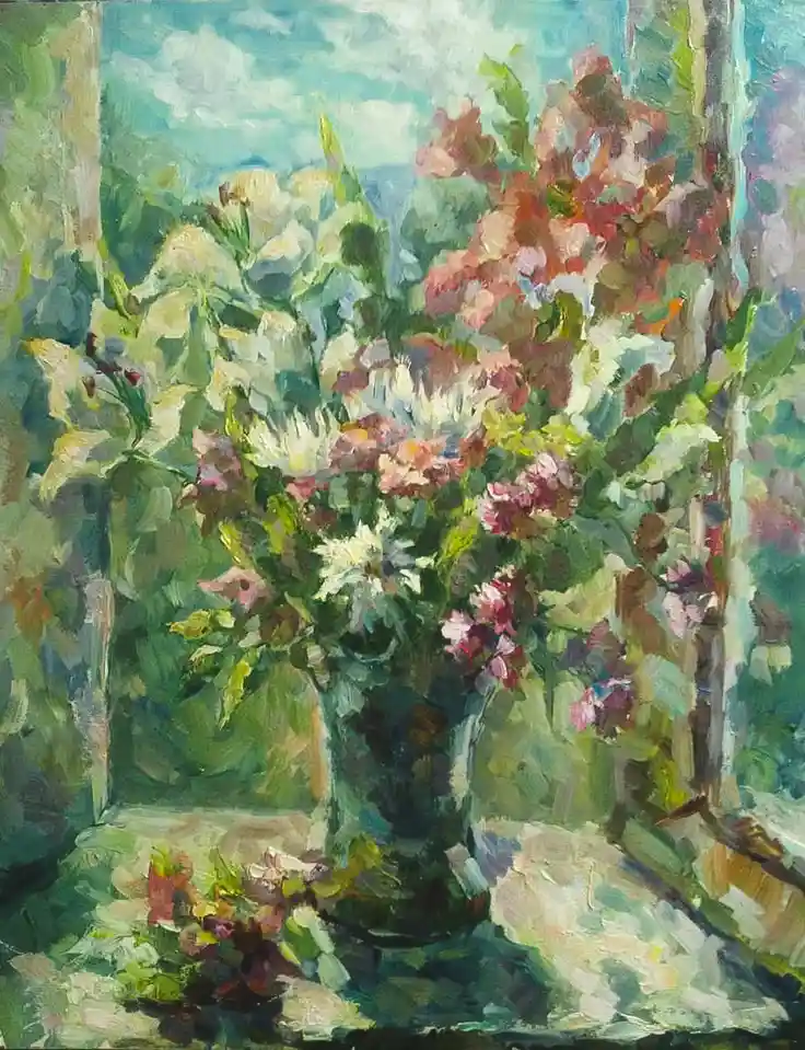 An impressionistic oil painting of a dark green vase overflowing with a vibrant bouquet of pink, white, and purple flowers…