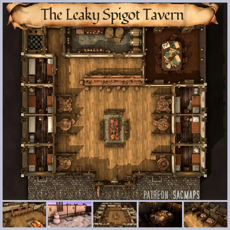 An overhead view of a detailed fantasy tavern floor plan titled 'The Leaky Spigot Tavern,' showing a central fireplace, bar…