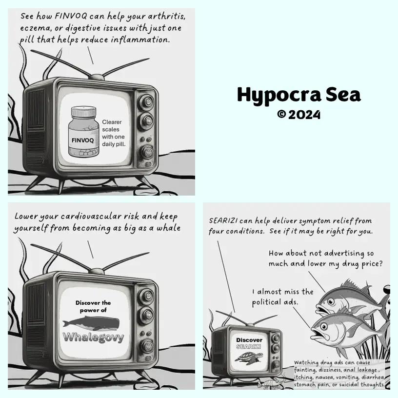 A three-panel meme parodying drug advertisements, each featuring a vintage TV showing a fictional drug with a sea creature…