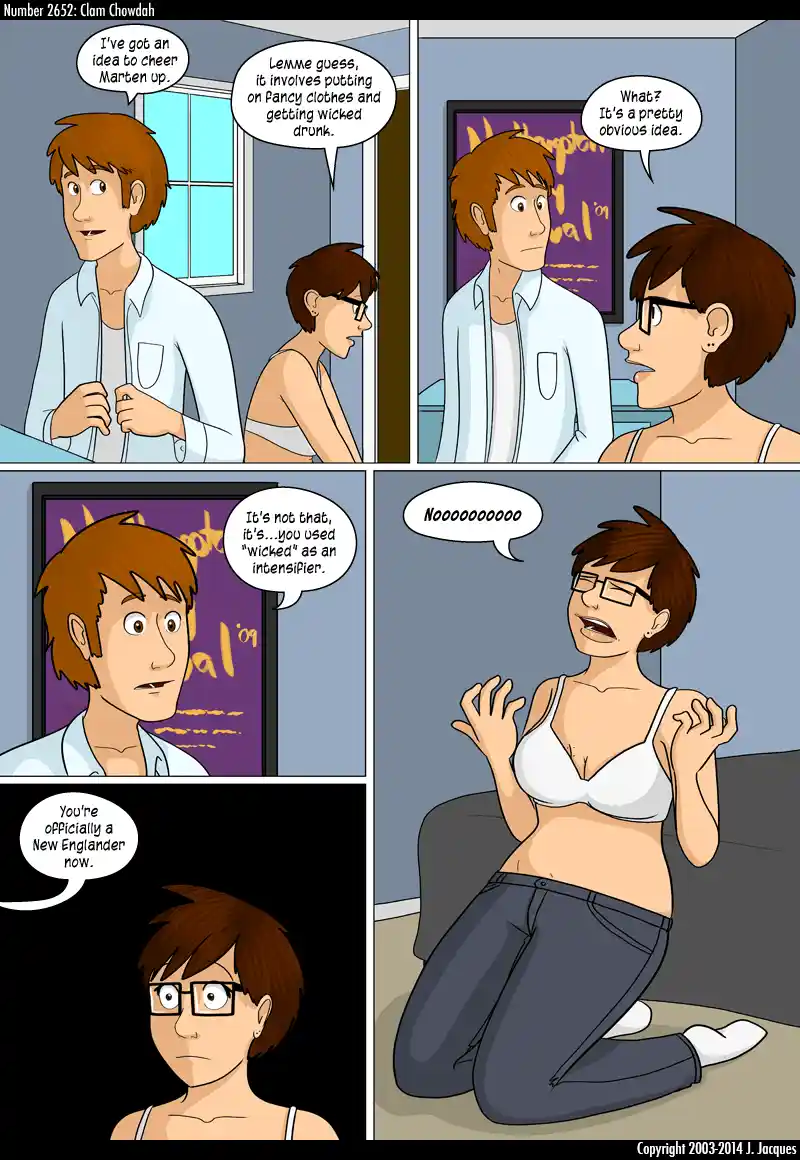 A comic strip shows a man suggesting to cheer up his friend by getting drunk and dressing up. His friend guesses correctly…